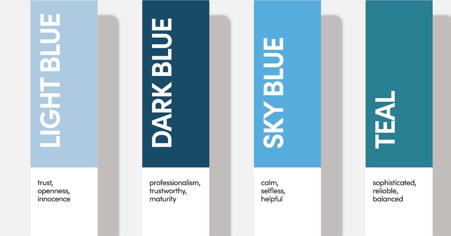 The representation of different shades of blue and their meaning in design and branding