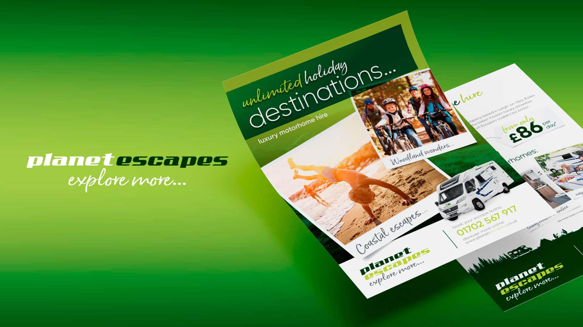 Flyers and printed graphics for motorhome hire company Planet Escapes based in Leigh- On-Sea, Essex