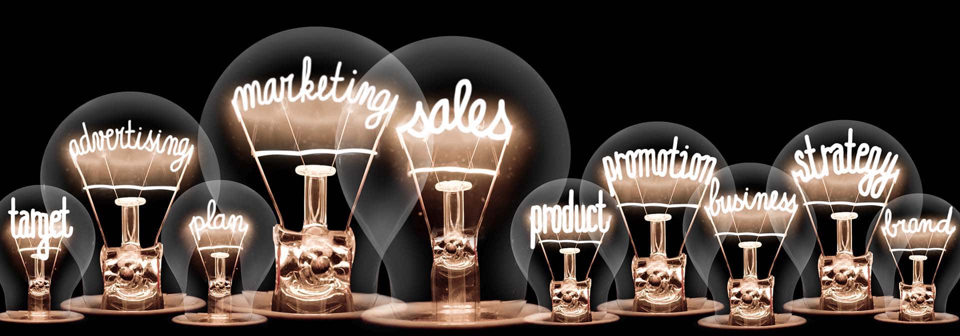 Lightbulbs with key branding and marketing words inside